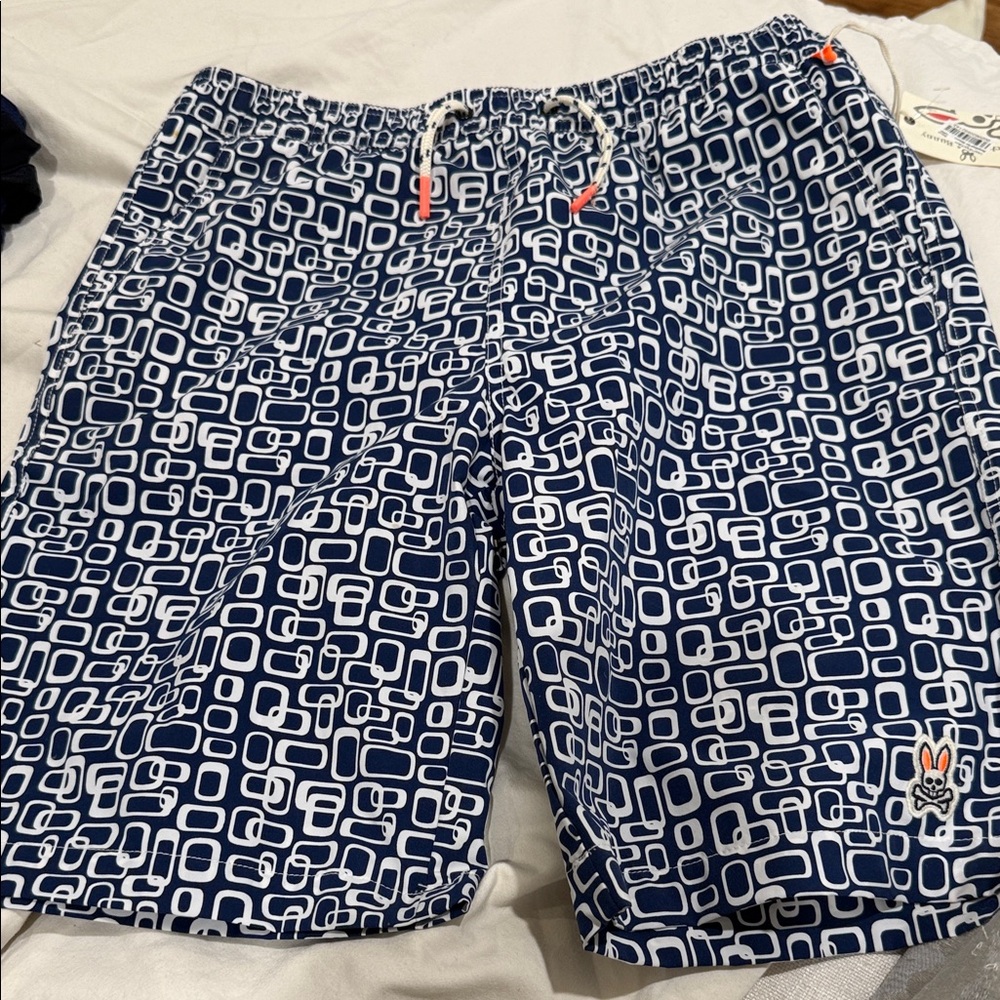 Psycho Bunny Navy and White Geometric Kids Swim Trunks